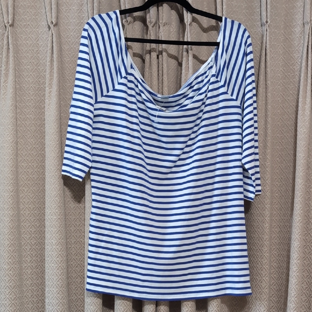 NWT Women's Size XXL Old Navy Blue & White Stripe 3/4 Sleeve Square Neck Shirt